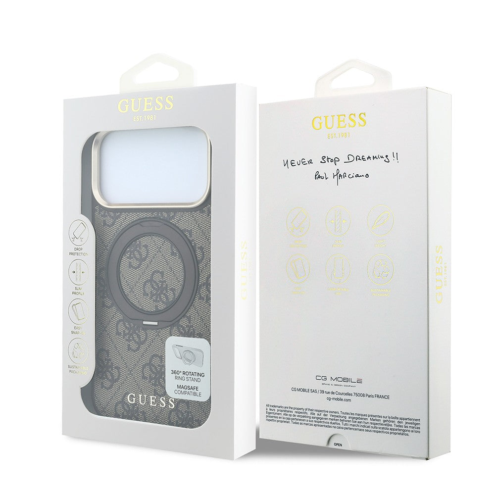 Apple iPhone 18 Pro Max Kılıf Guess Orjinal Lisanslı M-safe Şarj Özellikli 4G Desenli 360 Derece Dönebilen Standlı Metal Yazı Logolu Kapak