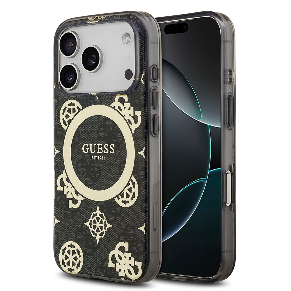 Apple iPhone 18 Pro Max Kılıf Guess Orjinal Lisanslı M-safe Şarj Özellikli IML Peony ve 4G Desenli Klasik Logolu Kapak