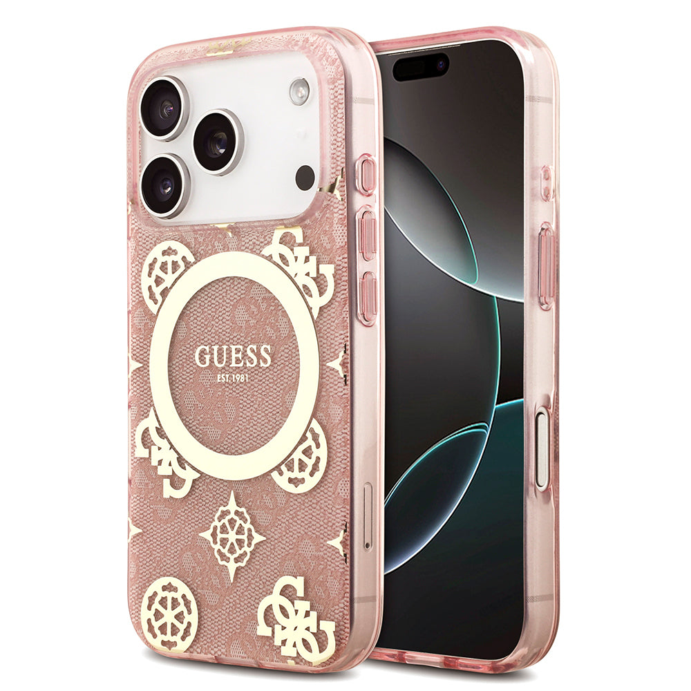 Apple iPhone 18 Pro Max Kılıf Guess Orjinal Lisanslı M-safe Şarj Özellikli IML Peony ve 4G Desenli Klasik Logolu Kapak