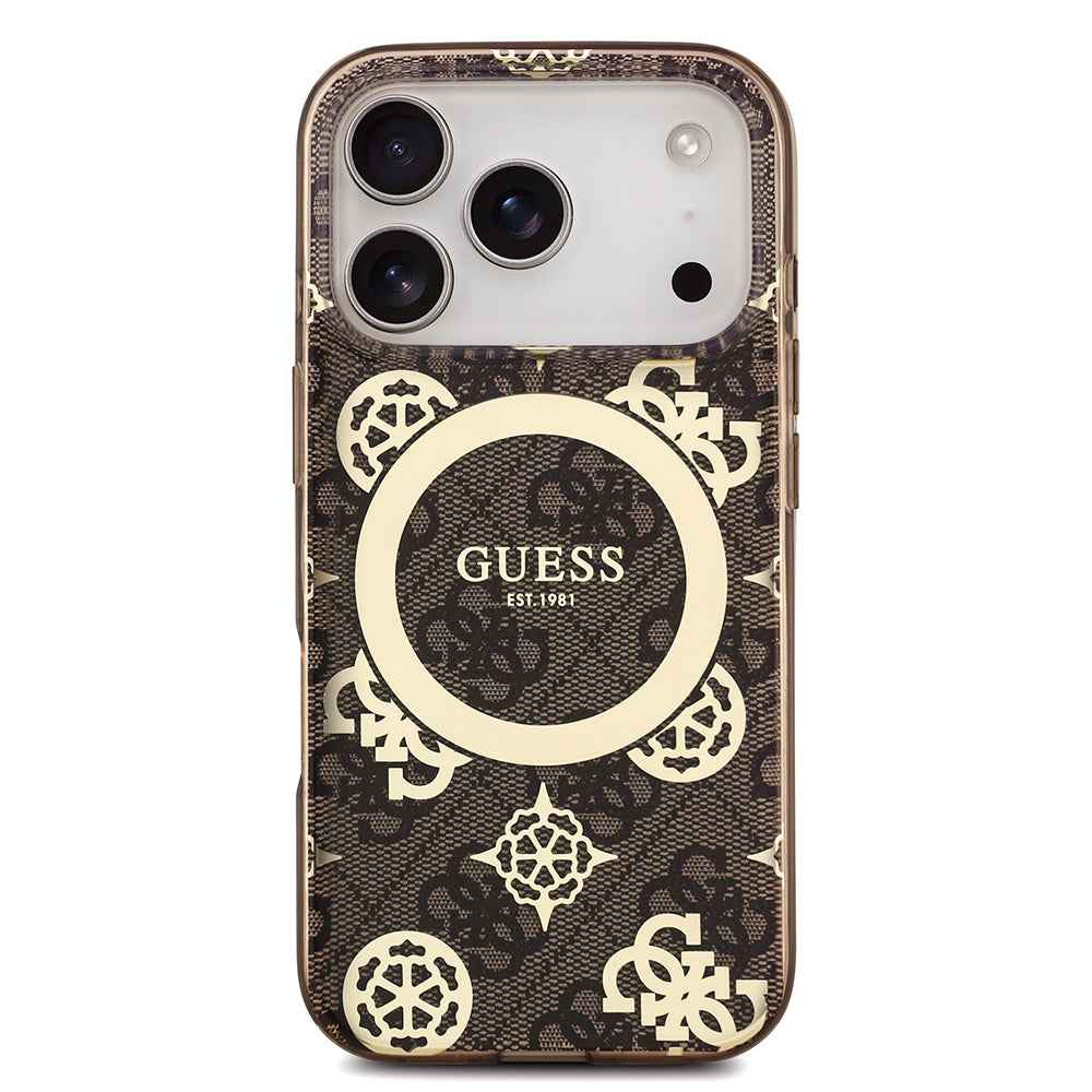 Apple iPhone 18 Pro Max Kılıf Guess Orjinal Lisanslı M-safe Şarj Özellikli IML Peony ve 4G Desenli Klasik Logolu Kapak