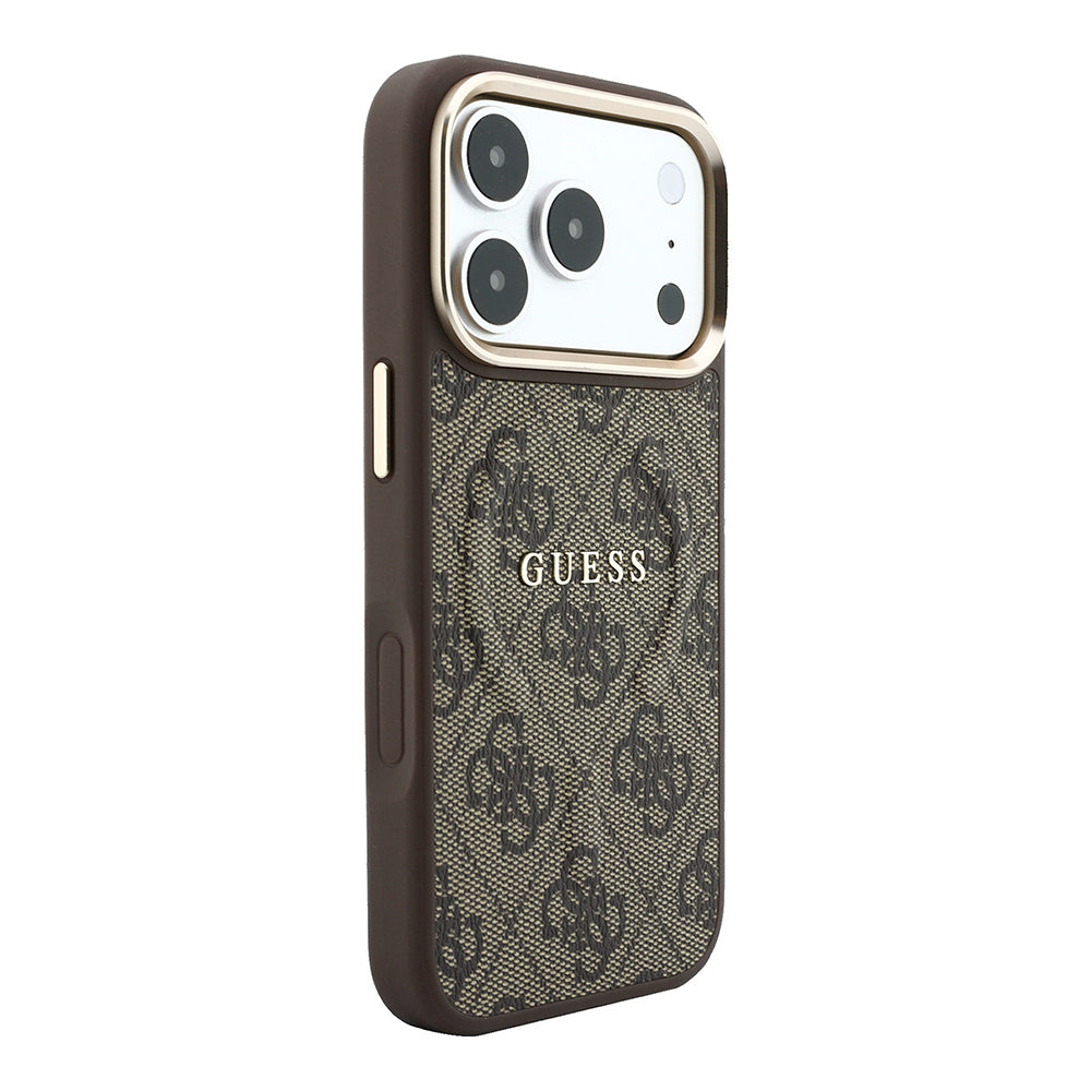 Apple iPhone 18 Pro Max Kılıf Guess Orjinal Lisanslı M-safe Şarj Özellikli Metal Kamera Çerçeveli C-Magnet 4G Desenli Yazı Logolu Kapak