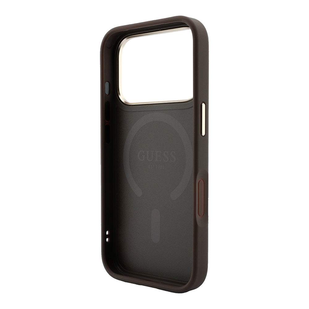 Apple iPhone 18 Pro Max Kılıf Guess Orjinal Lisanslı M-safe Şarj Özellikli Metal Kamera Çerçeveli C-Magnet 4G Desenli Yazı Logolu Kapak
