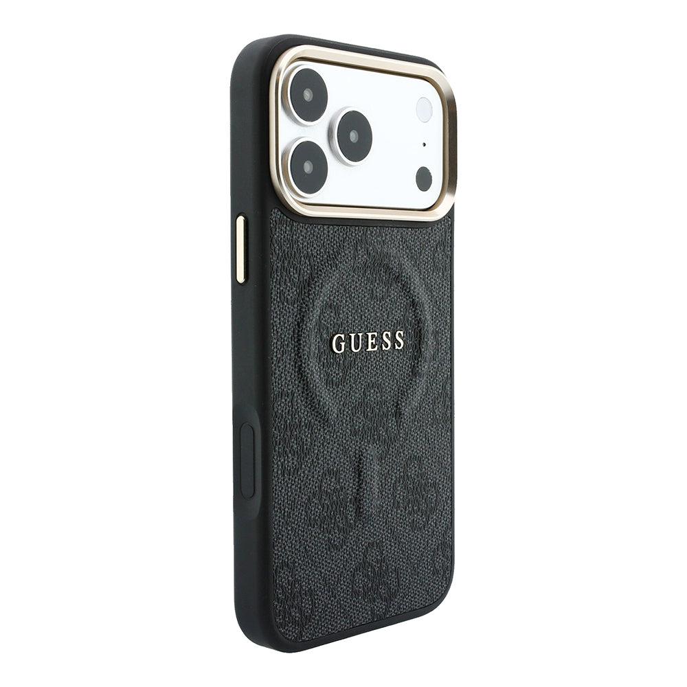 Apple iPhone 18 Pro Max Kılıf Guess Orjinal Lisanslı M-safe Şarj Özellikli Metal Kamera Çerçeveli C-Magnet 4G Desenli Yazı Logolu Kapak