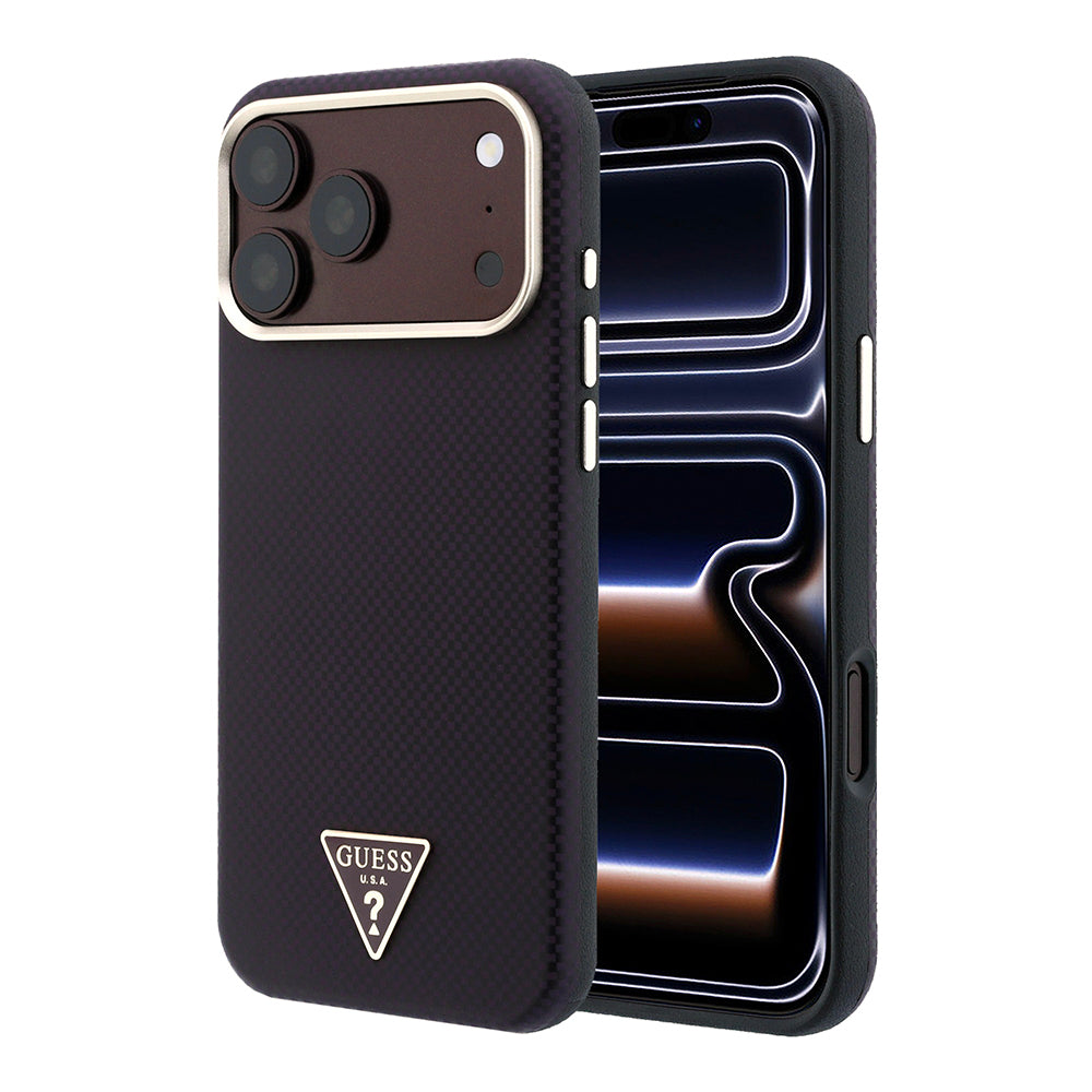 Apple iPhone 18 Pro Max Kılıf Guess Orjinal Lisanslı M-safe Şarj Özellikli PU Metal Üçgen Logolu Karbon Fiber Kevlar Kapak