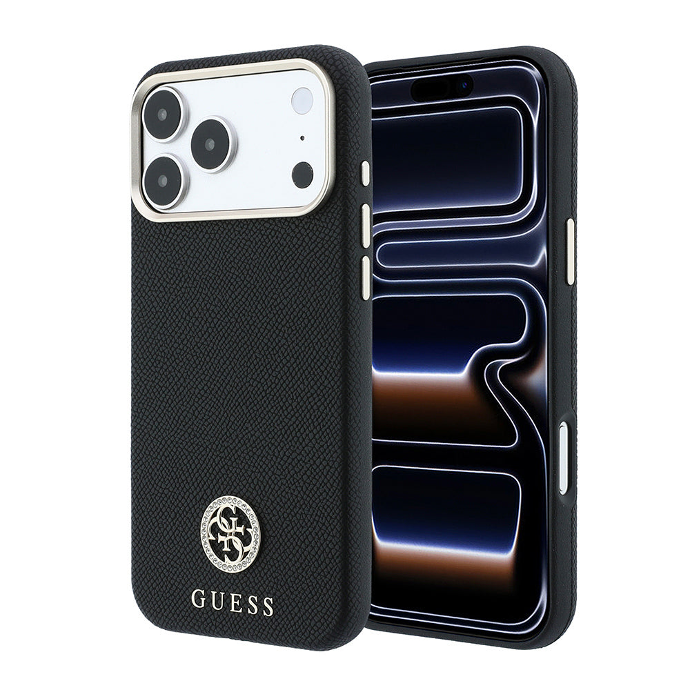 Apple iPhone 18 Pro Max Kılıf Guess Orjinal Lisanslı M-safe Şarj Özellikli PU Taşlı Metal 4G ve Yazı Logolu Kapak
