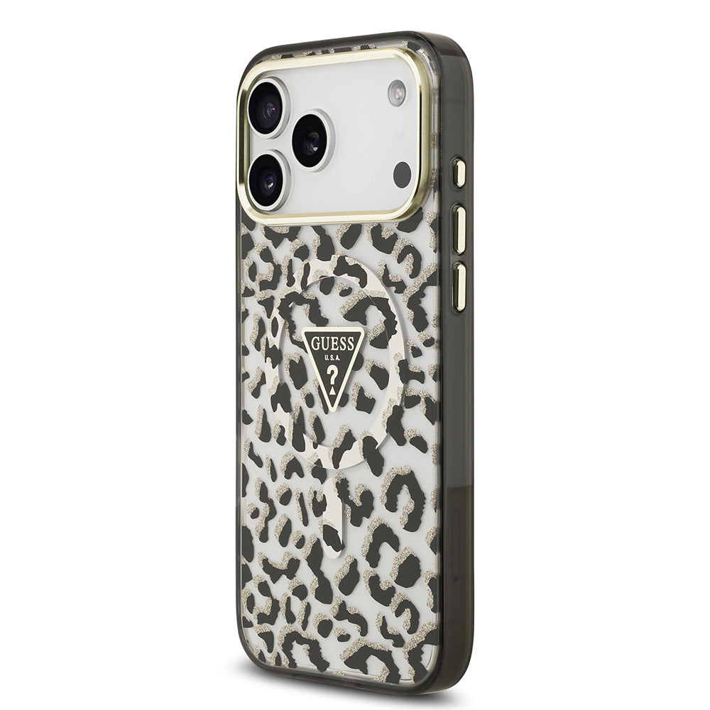 Apple iPhone 18 Pro Max Kılıf Guess Orjinal Lisanslı M-safe Şarj Özellikli Üçgen Logolu Simli Leopar Desenli Kapak