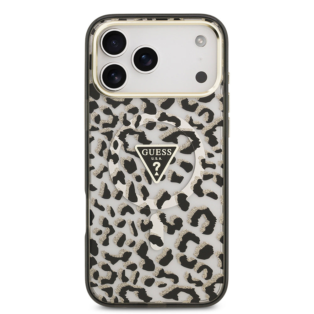 Apple iPhone 18 Pro Max Kılıf Guess Orjinal Lisanslı M-safe Şarj Özellikli Üçgen Logolu Simli Leopar Desenli Kapak