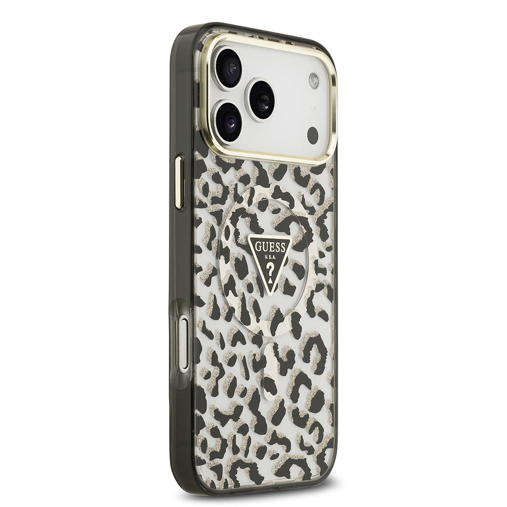 Apple iPhone 18 Pro Max Kılıf Guess Orjinal Lisanslı M-safe Şarj Özellikli Üçgen Logolu Simli Leopar Desenli Kapak