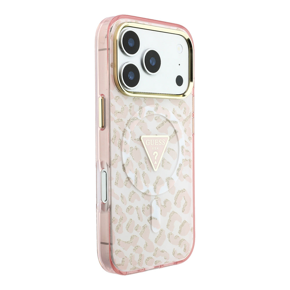 Apple iPhone 18 Pro Max Kılıf Guess Orjinal Lisanslı M-safe Şarj Özellikli Üçgen Logolu Simli Leopar Desenli Kapak
