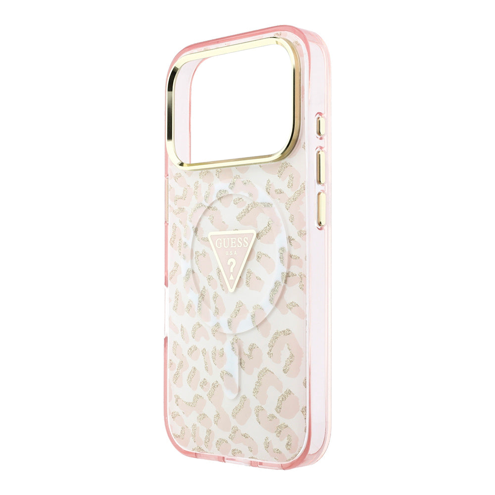 Apple iPhone 18 Pro Max Kılıf Guess Orjinal Lisanslı M-safe Şarj Özellikli Üçgen Logolu Simli Leopar Desenli Kapak
