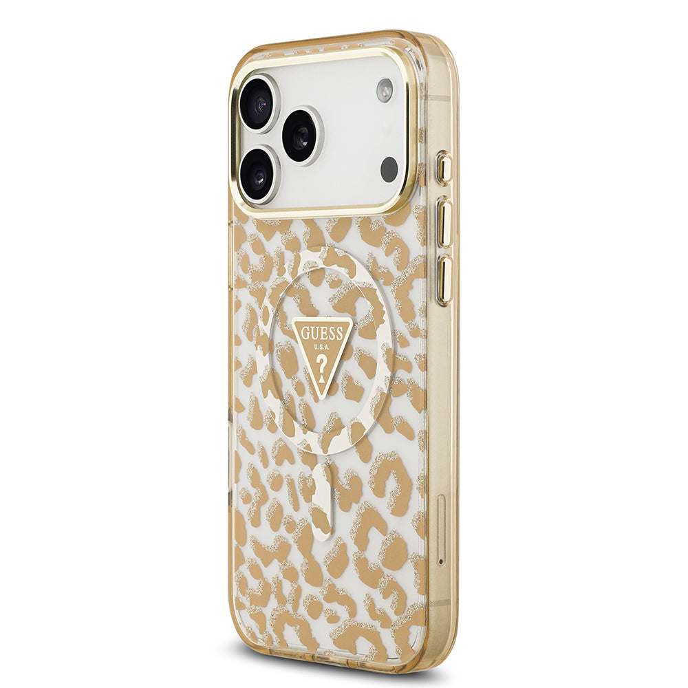 Apple iPhone 18 Pro Max Kılıf Guess Orjinal Lisanslı M-safe Şarj Özellikli Üçgen Logolu Simli Leopar Desenli Kapak
