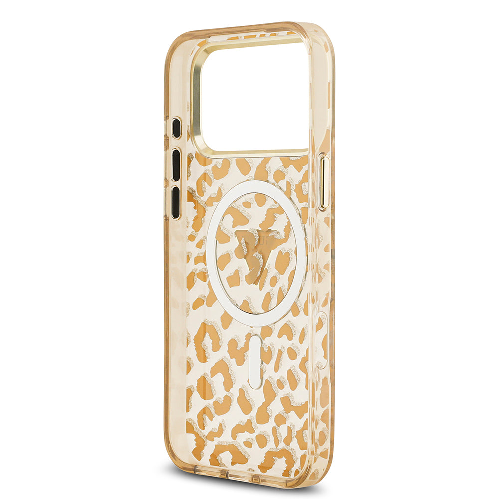 Apple iPhone 18 Pro Max Kılıf Guess Orjinal Lisanslı M-safe Şarj Özellikli Üçgen Logolu Simli Leopar Desenli Kapak