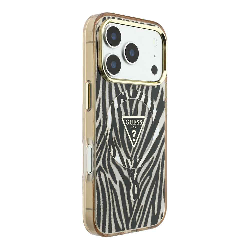 Apple iPhone 18 Pro Max Kılıf Guess Orjinal Lisanslı M-safe Şarj Özellikli Üçgen Logolu Zebra Desenli Silikon Kapak