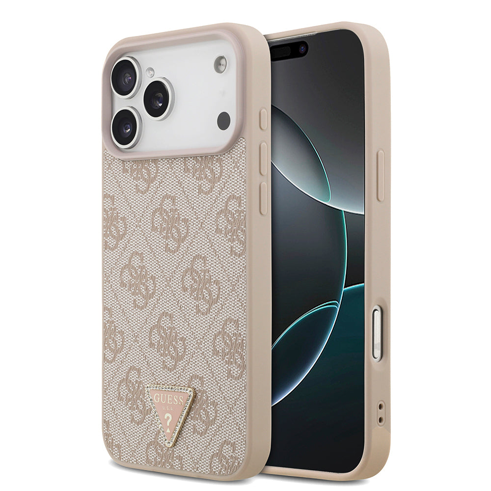 Apple iPhone 18 Pro Max Kılıf Guess Orjinal Lisanslı M-safe Şarj Özllikli PU Deri Taşlı Üçgen Logo 4G Desenli Strass Kapak