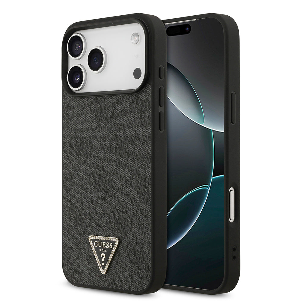 Apple iPhone 18 Pro Max Kılıf Guess Orjinal Lisanslı PU Deri Taşlı Üçgen Logo 4G Desenli Strass Kapak