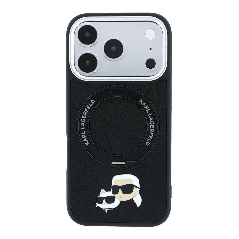 Apple iPhone 18 Pro Max Kılıf Karl Lagerfeld Orjinal Lisanslı M-Safe Şarj Özellikli K&C Heads Pin Metal Logolu PU 360 Derece Dönebilen Standlı Kapak