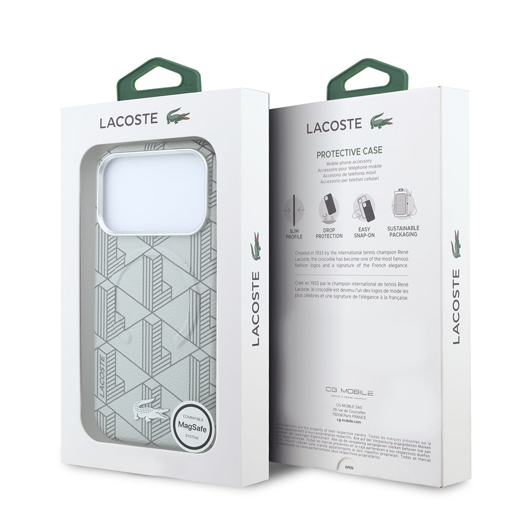 Apple iPhone 18 Pro Max Kılıf Lacoste Orjinal Lisanslı M-safe Şarj Özellikli Metal Logolu Deri Karışık Monogram Desenli Kapak