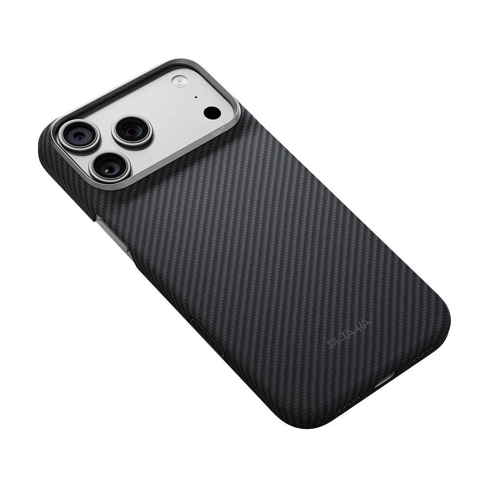 Apple iPhone 18 Pro Max Kılıf M-safe Şarj Özellikli 1500D Aramid Karbon Fiber Pitaka Ultra-Slim Classic Serisi Black-Grey Twill Kapak