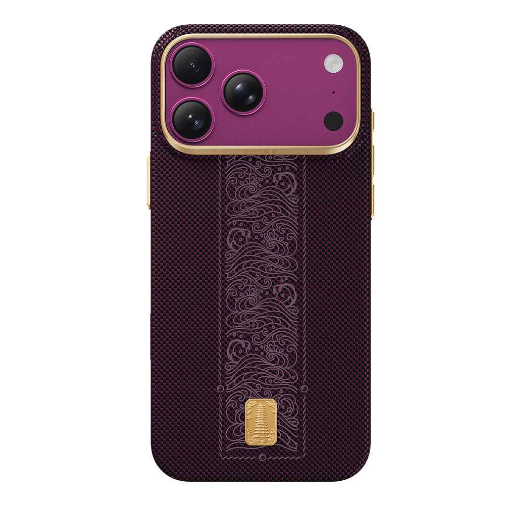 Apple iPhone 18 Pro Max Kılıf M-safe Şarj Özellikli Raptic Aramid Skin Rise Serisi 24 Ayar Altın Kaplamalı Karbon Kapak