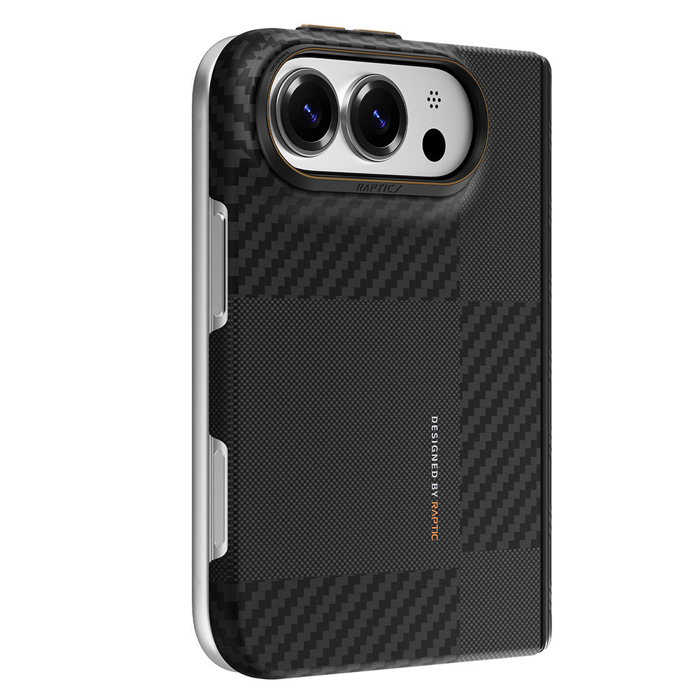 Apple iPhone Duo (Fold) Kılıf M-safe Şarj Özellikli Metal Kamera Çerçeveli Raptic Aramid SkinPro Mondrian Serisi Karbon Kapak