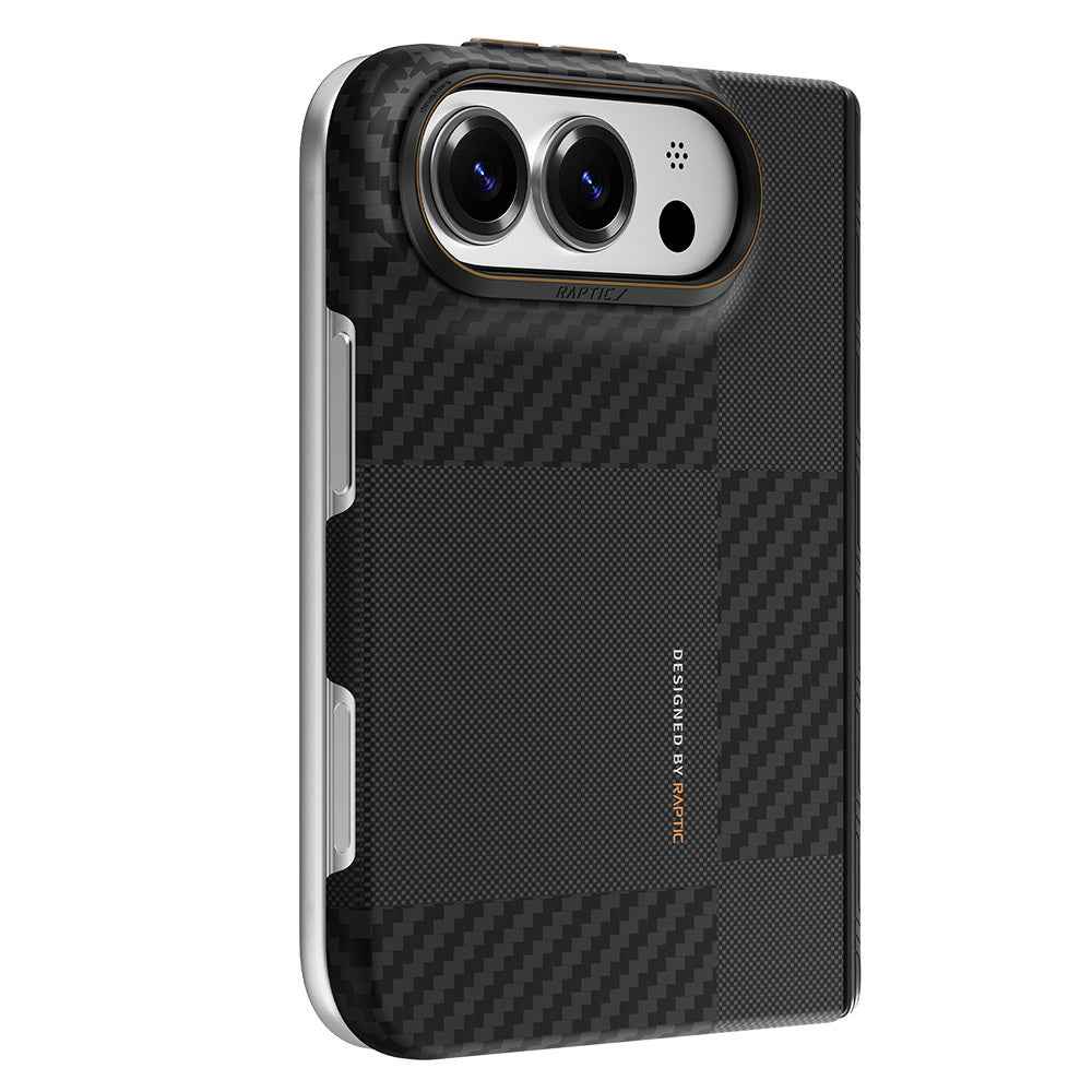 Apple iPhone Duo (Fold) Kılıf M-safe Şarj Özellikli Metal Kamera Çerçeveli Raptic Aramid SkinPro Mondrian Serisi Karbon Kapak