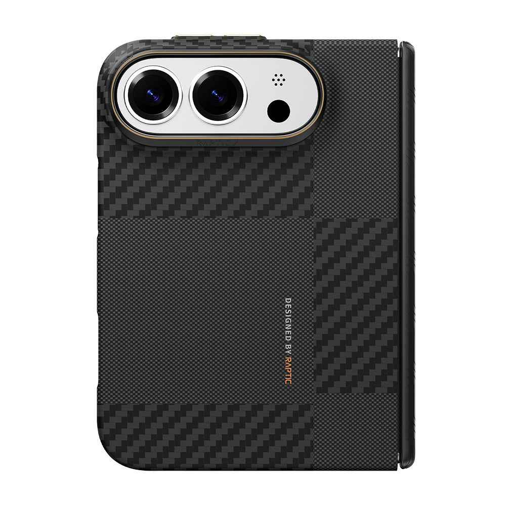 Apple iPhone Duo (Fold) Kılıf M-safe Şarj Özellikli Metal Kamera Çerçeveli Raptic Aramid SkinPro Mondrian Serisi Karbon Kapak