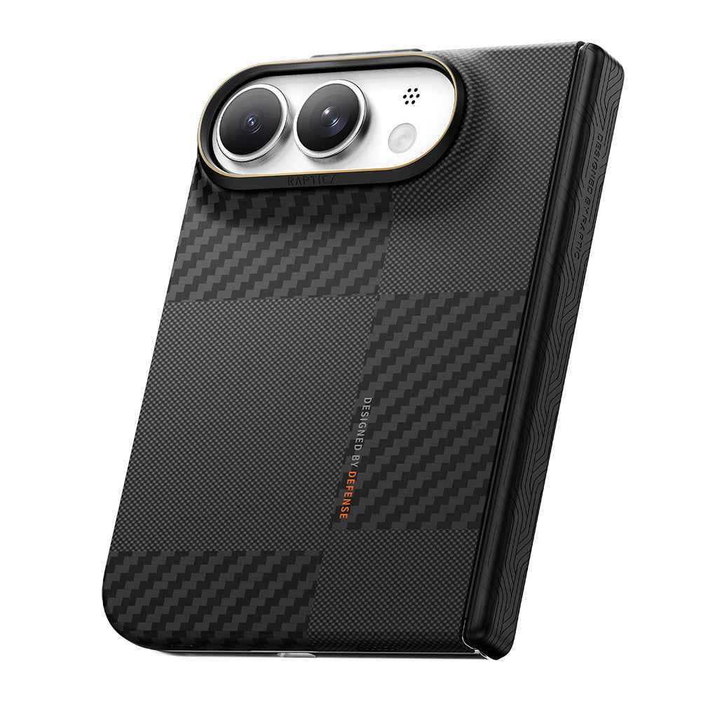 Apple iPhone Duo (Fold) Kılıf M-safe Şarj Özellikli Metal Kamera Çerçeveli Raptic Aramid SkinPro Mondrian Serisi Karbon Kapak