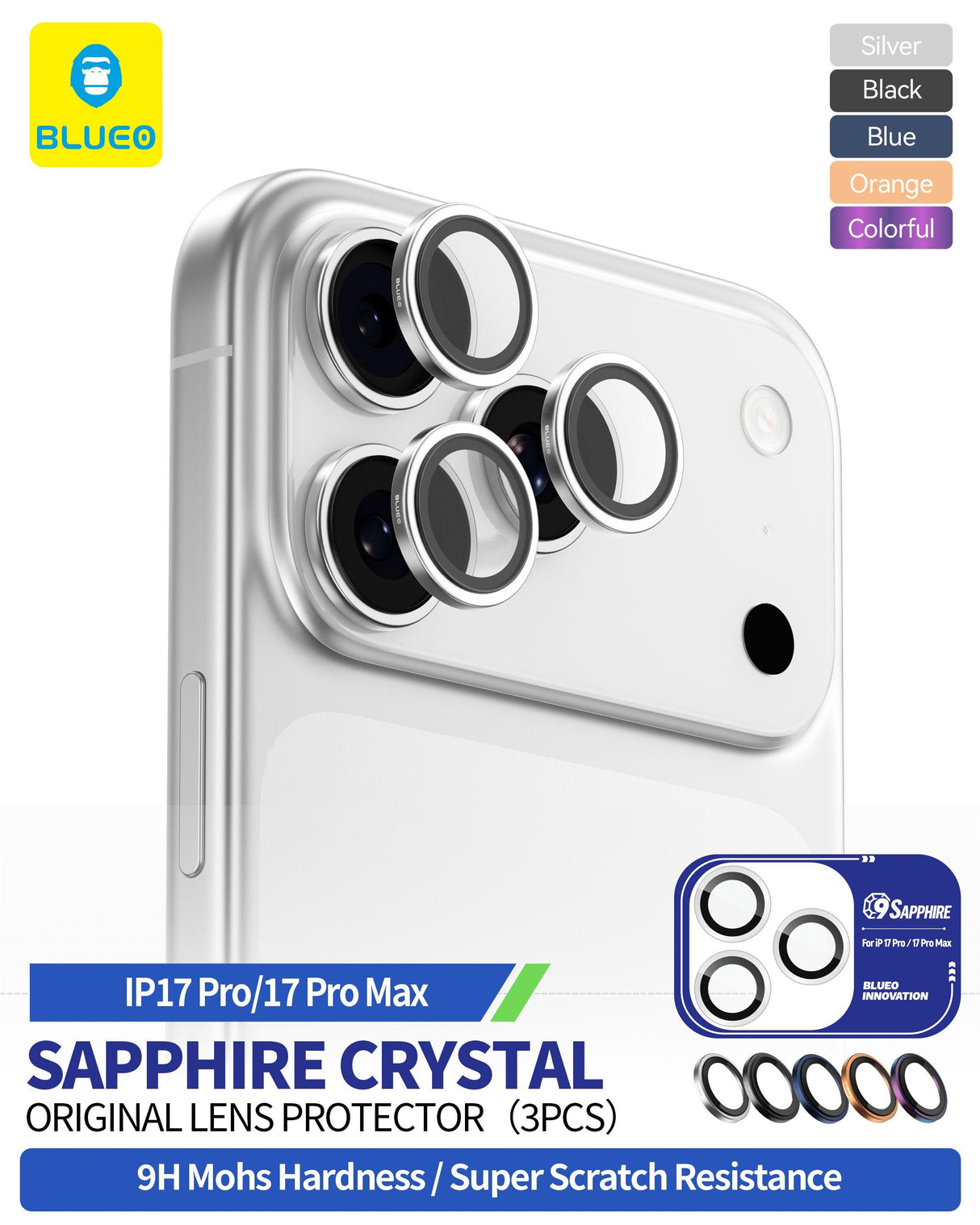 Blueo Sapphire iPhone 17 Pro Uyumlu 9 MOhs %99.99 Orijinal Safir Blue Titanium Kamera Lens Koruyucu
