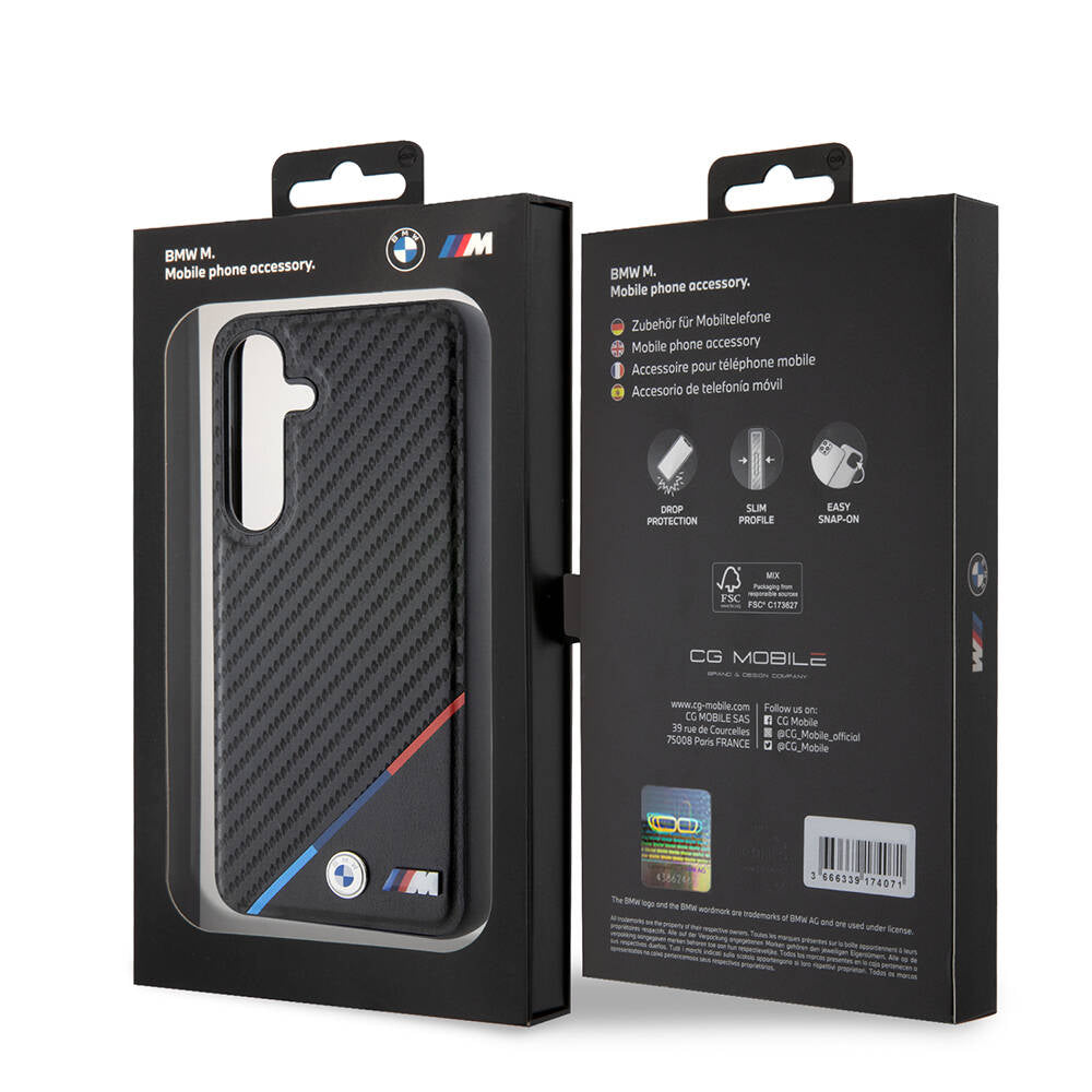 Galaxy S24 Plus Kılıf BMW Orjinal Lisanslı M-safe Şarj Özellikli M Logolu Üç Çizgili PU Karbon Kapak