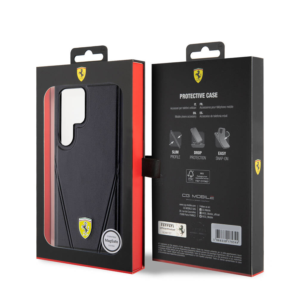 Galaxy S24 Ultra Kılıf Ferrari Orjinal Lisanslı M-safe Şarj Özellikli Sıcak Baskı V Çizgili Deri Kapak
