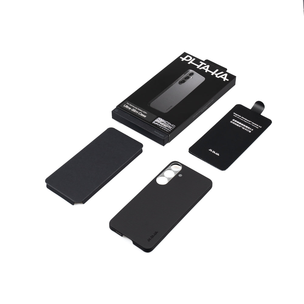 Galaxy S25 Plus Kılıf M-safe Şarj Özellikli 600D Aramid Fiber Pitaka Ultra-Slim Classic Serisi Black-Grey Twill Kapak