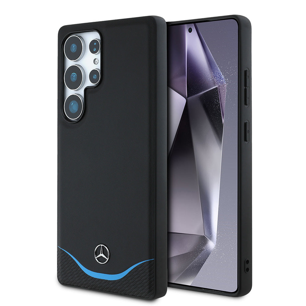 Galaxy S25 Ultra Kılıf Mercedes Benz Orjinal Lisanslı M-safe Şarj Özellikli 3D Metal Logolu Mavi Yatay Eğri Çizgili Deri Kapak