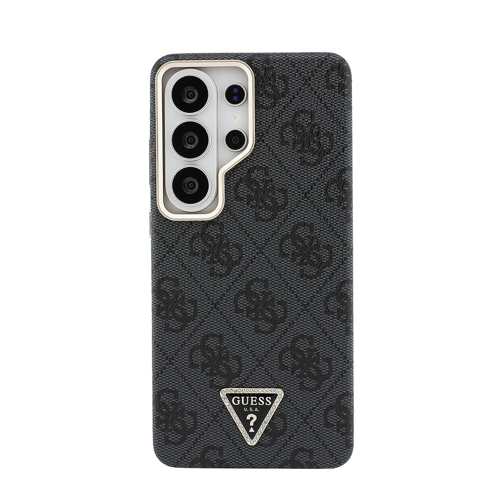 Galaxy S26 Ultra Kılıf Guess Orjinal Lisanslı M-safe Şarj Özellikli Gold Metal Kamera Çerçeveli Taşlı Üçgen Logo 4G Desenli Kapak