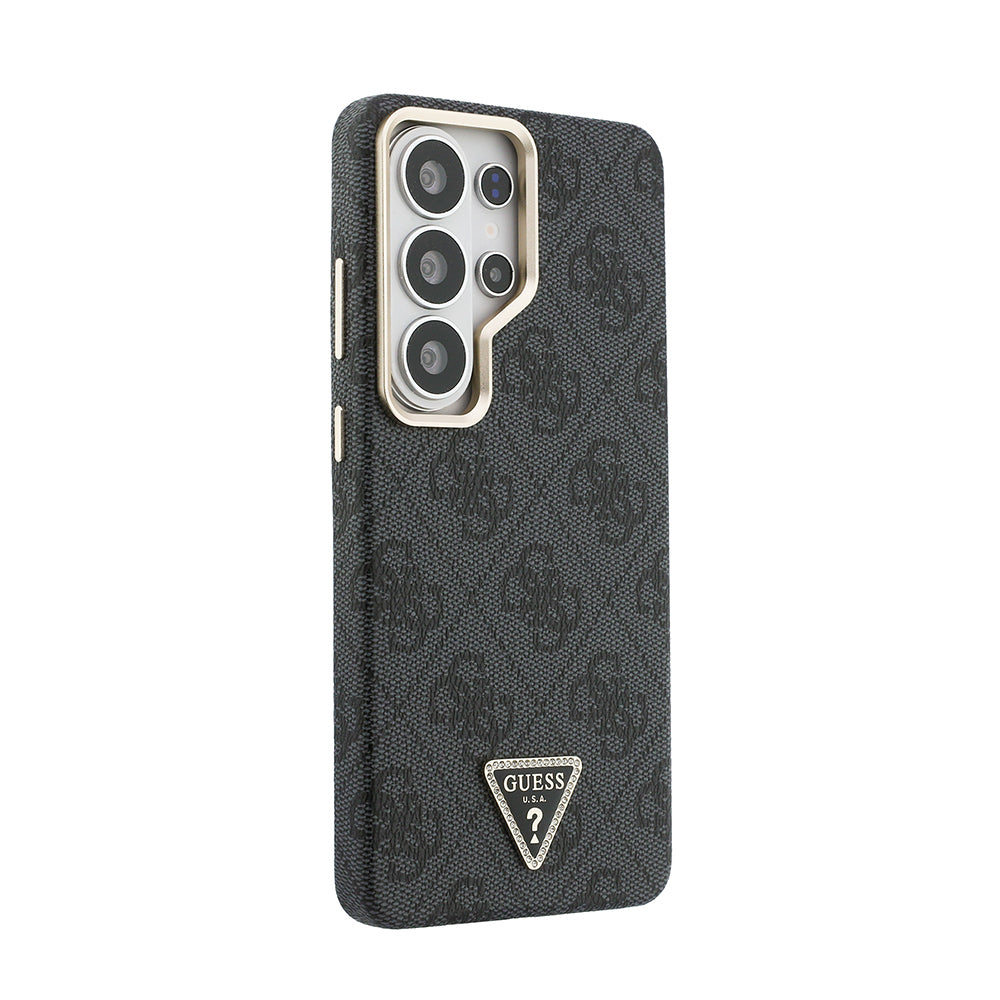 Galaxy S26 Ultra Kılıf Guess Orjinal Lisanslı M-safe Şarj Özellikli Gold Metal Kamera Çerçeveli Taşlı Üçgen Logo 4G Desenli Kapak