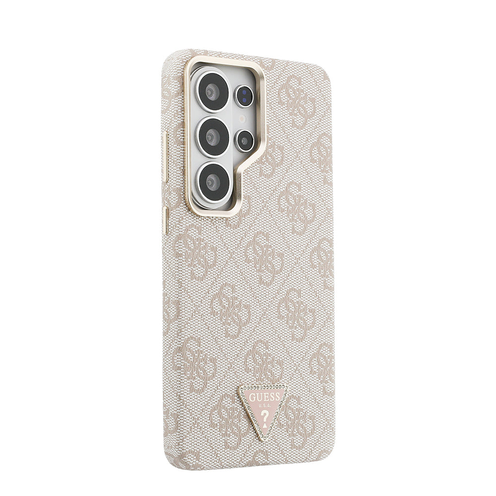 Galaxy S26 Ultra Kılıf Guess Orjinal Lisanslı M-safe Şarj Özellikli Gold Metal Kamera Çerçeveli Taşlı Üçgen Logo 4G Desenli Kapak