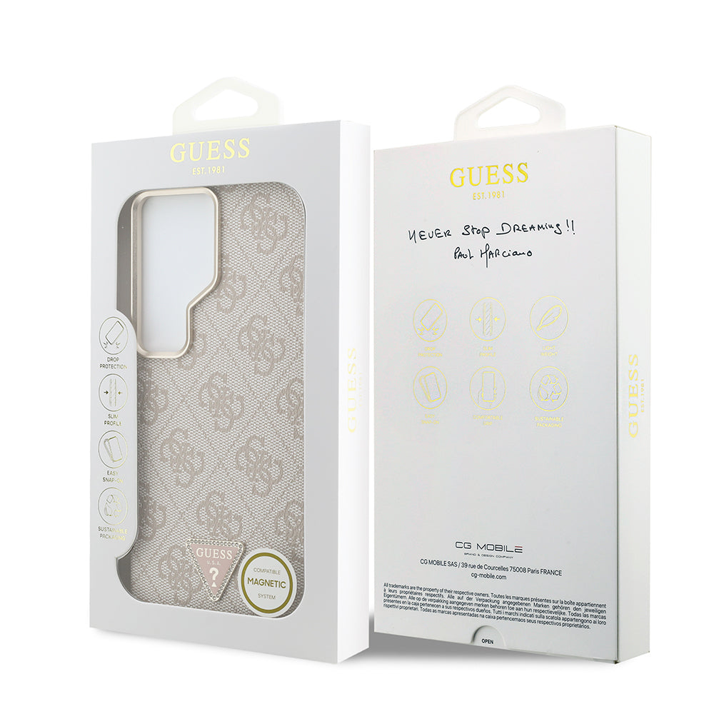 Galaxy S26 Ultra Kılıf Guess Orjinal Lisanslı M-safe Şarj Özellikli Gold Metal Kamera Çerçeveli Taşlı Üçgen Logo 4G Desenli Kapak