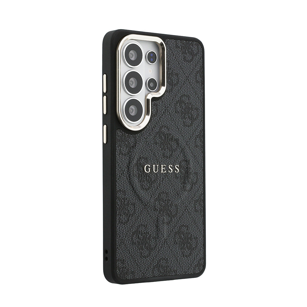 Galaxy S26 Ultra Kılıf Guess Orjinal Lisanslı M-safe Şarj Özellikli Metal Kamera Çerçeveli PU Deri 4G Desenli Yazı Logolu Kapak