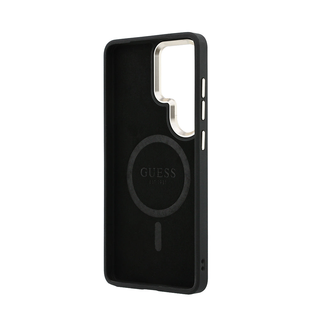 Galaxy S26 Ultra Kılıf Guess Orjinal Lisanslı M-safe Şarj Özellikli Metal Kamera Çerçeveli PU Deri 4G Desenli Yazı Logolu Kapak