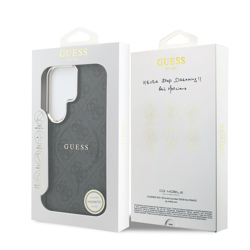 Galaxy S26 Ultra Kılıf Guess Orjinal Lisanslı M-safe Şarj Özellikli Metal Kamera Çerçeveli PU Deri 4G Desenli Yazı Logolu Kapak