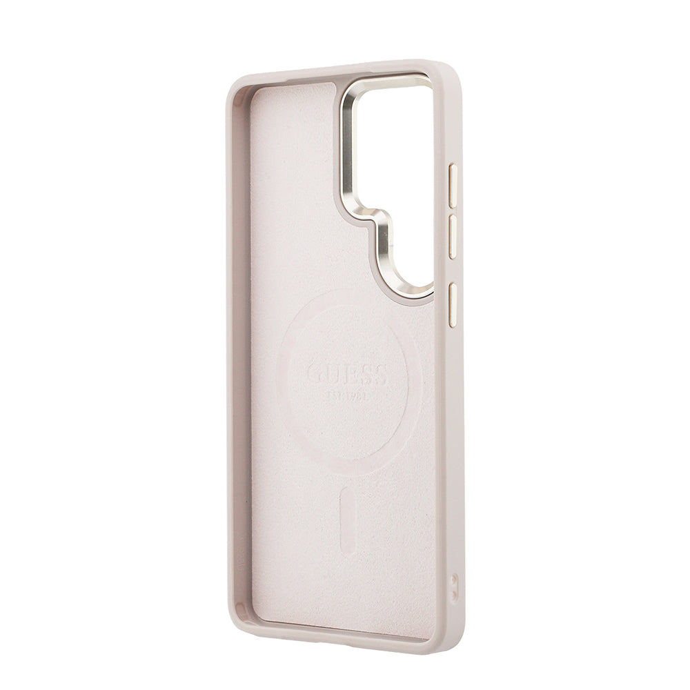 Galaxy S26 Ultra Kılıf Guess Orjinal Lisanslı M-safe Şarj Özellikli Metal Kamera Çerçeveli PU Deri 4G Desenli Yazı Logolu Kapak
