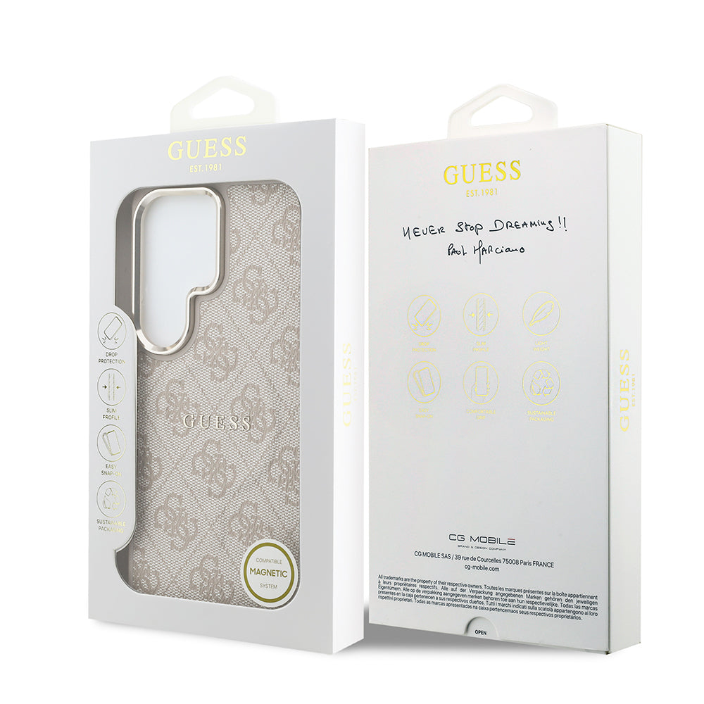Galaxy S26 Ultra Kılıf Guess Orjinal Lisanslı M-safe Şarj Özellikli Metal Kamera Çerçeveli PU Deri 4G Desenli Yazı Logolu Kapak