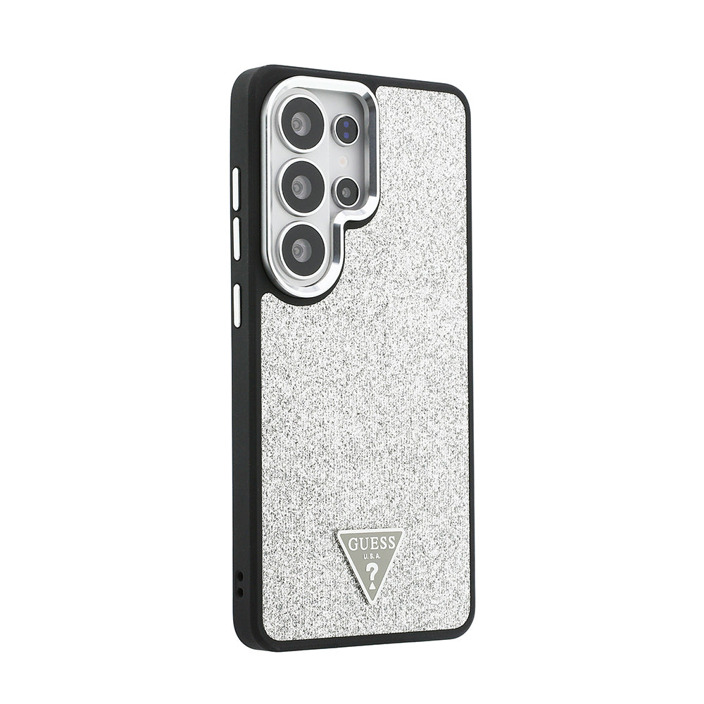 Galaxy S26 Ultra Kılıf Guess Orjinal Lisanslı M-safe Şarj Özellikli Metal Kamera Çerçeveli Üçgen Logolu Glitter Kapak