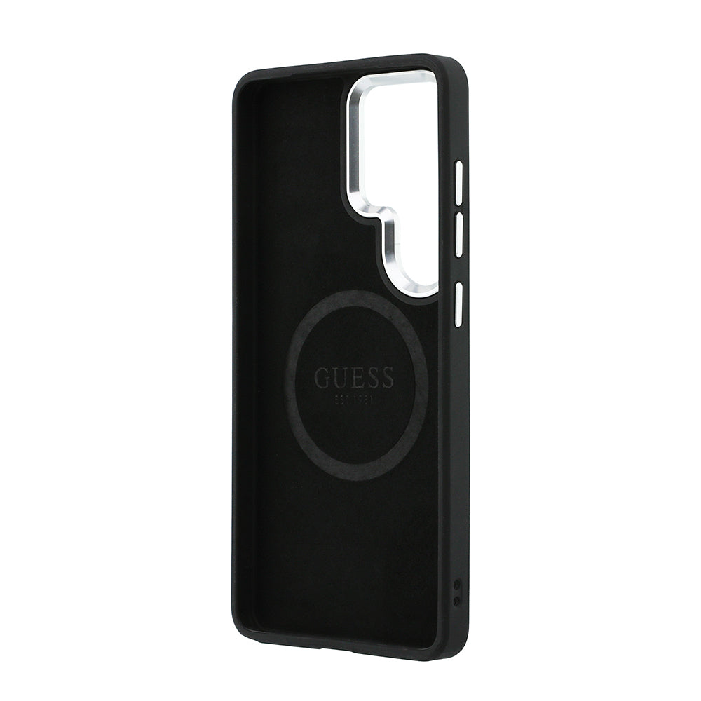 Galaxy S26 Ultra Kılıf Guess Orjinal Lisanslı M-safe Şarj Özellikli Metal Kamera Çerçeveli Üçgen Logolu Glitter Kapak