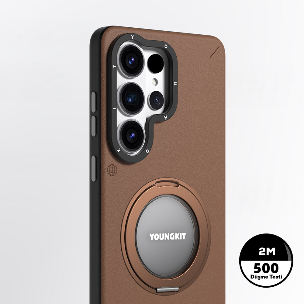 Galaxy S26 Ultra Kılıf M-safe Şarj Özellikli 360° Standlı Basit Mat Deri Desenli Youngkit Tech Leather Serisi Kapak