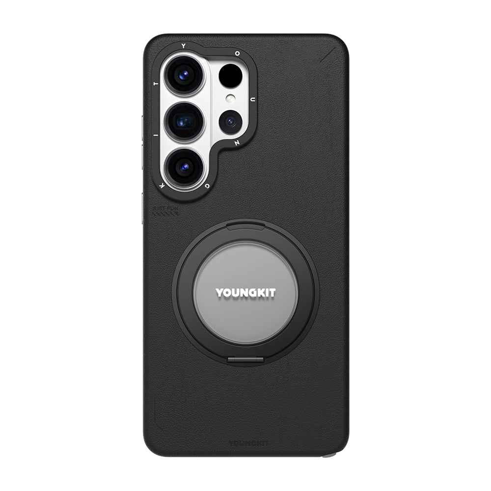 Galaxy S26 Ultra Kılıf M-safe Şarj Özellikli 360° Standlı Basit Mat Deri Desenli Youngkit Tech Leather Serisi Kapak