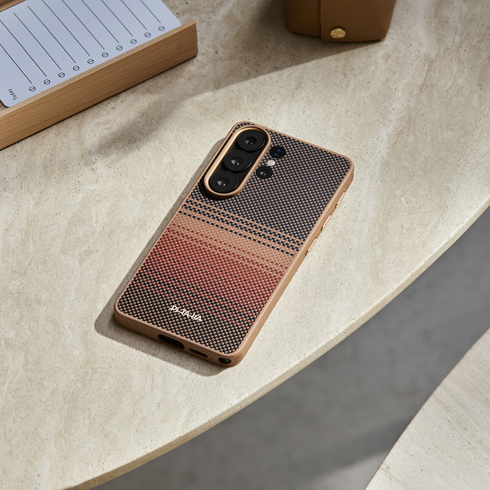 Galaxy S26 Ultra Kılıf M-safe Şarj Özellikli Pitaka Tactile Woven Sunset-Moonrise Aramid Cairn Serisi Karbon Kapak
