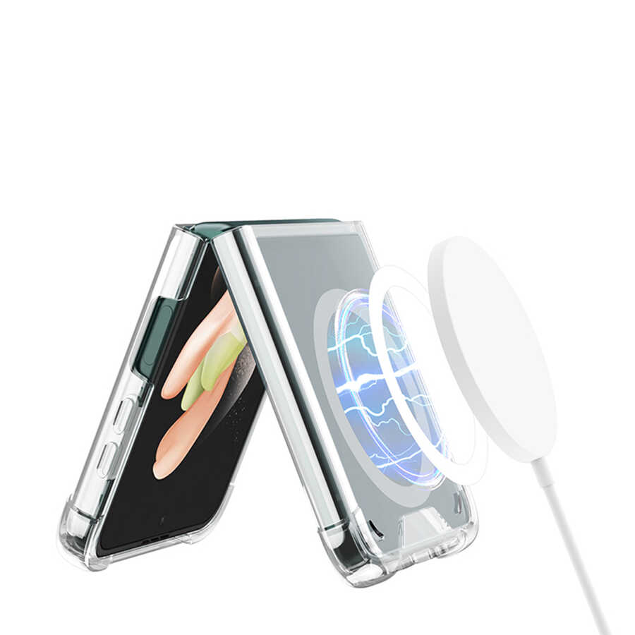 Galaxy Z Flip 4 Kılıf Wireless Şarj Özellikli Airbagli Zore Kıpta Anti Shock M-safe Kapak