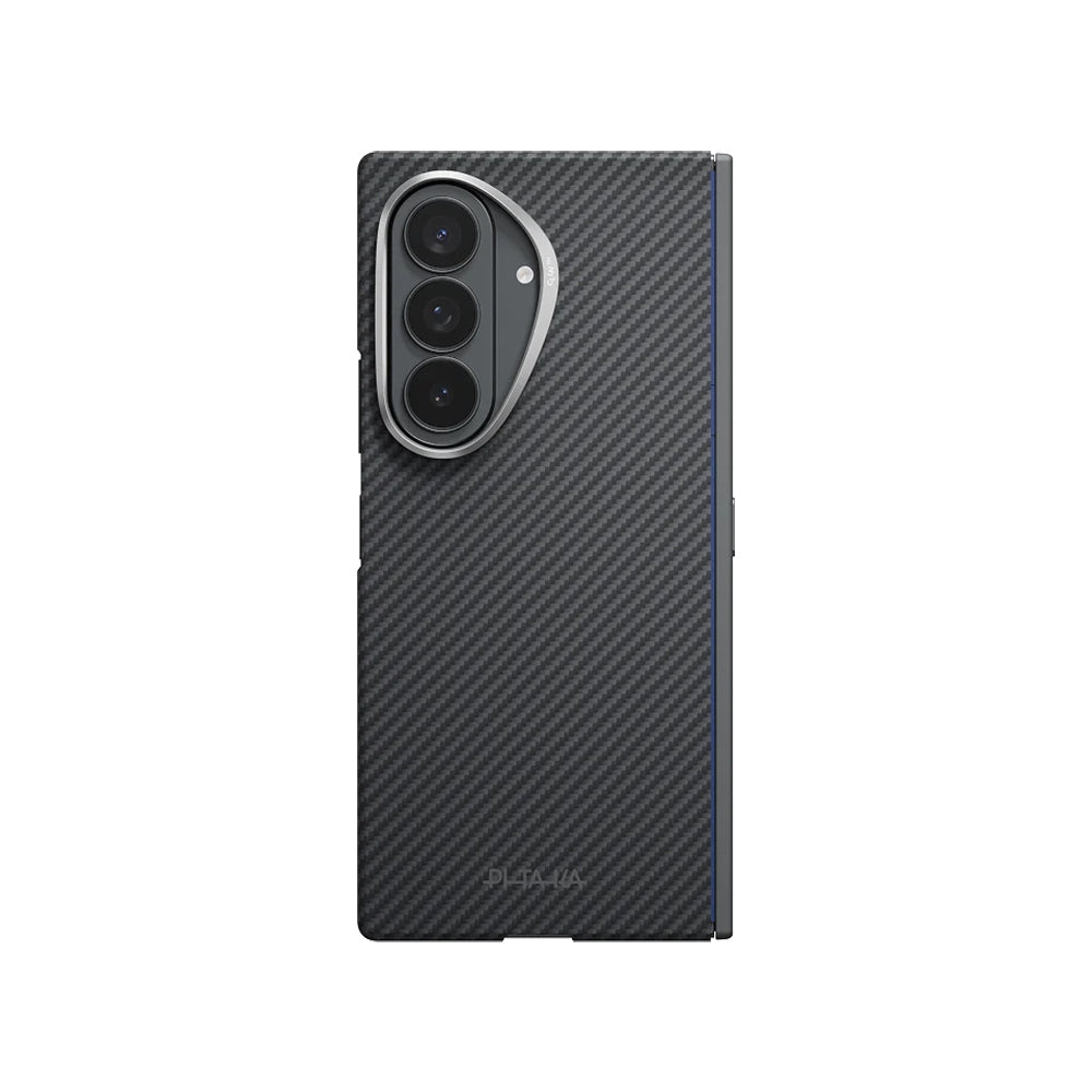 Galaxy Z Fold 8 Ultra Kılıf M-safe Şarj Özellikli 600D Aramid Karbon Fiber Menteşe Butonlu Pitaka Edge Serisi Black-Grey Twill Kapak
