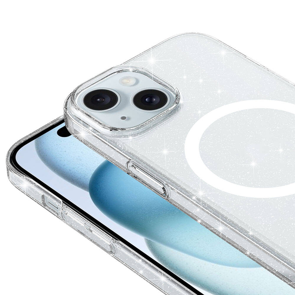 iPhone 14 Plus Kılıf Zore M-safe Şarj Özellikli Simli Şeffaf Arka Yüzey Erdos Silikon Kapak