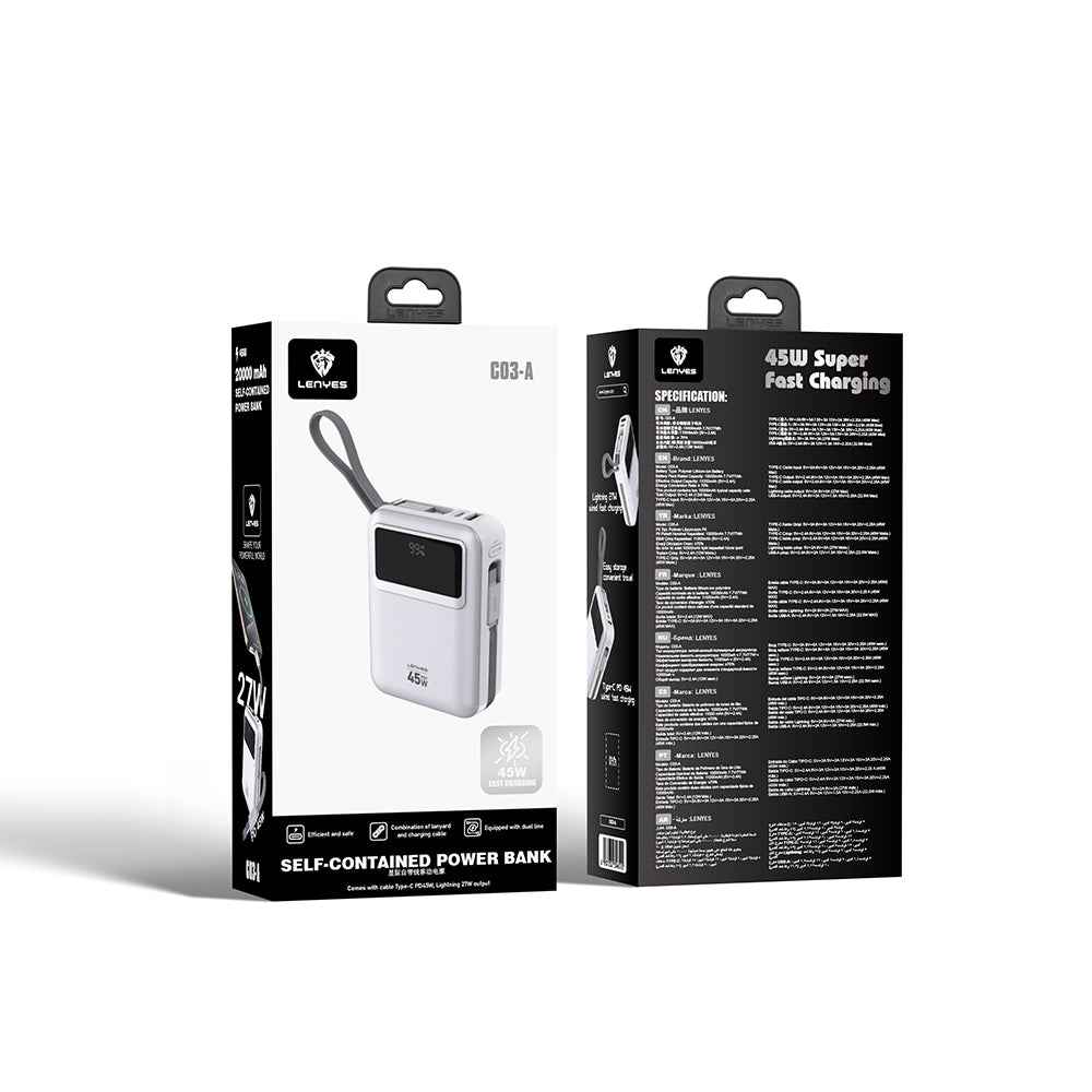 Lenyes C03-A Dijital LED Göstergeli Type-C ve Lightning Kablolu Powerbank 45W 10.000mAh